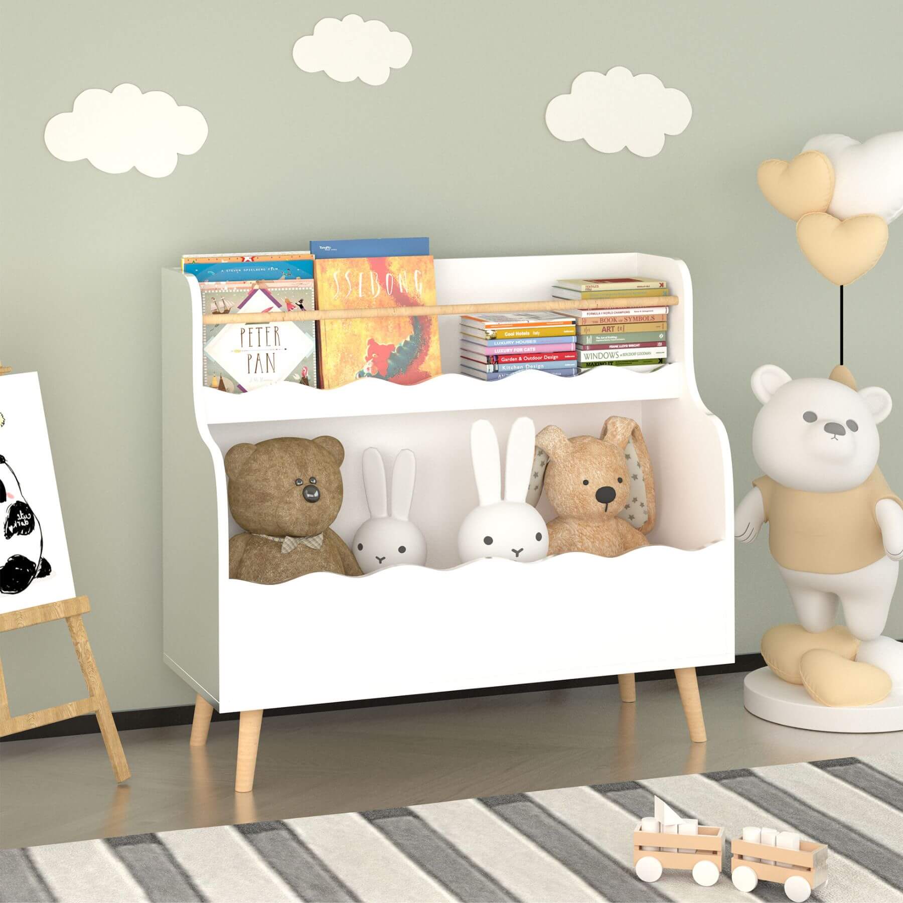 Children's room with a white bookshelf, toys, and decorative elements.
