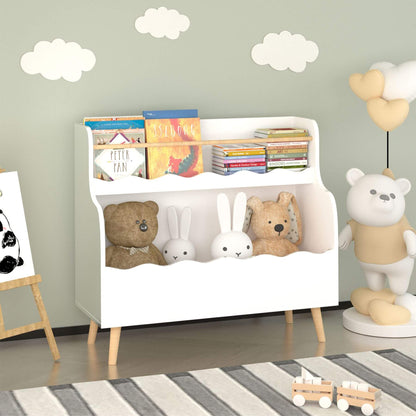 Children's room with a white bookshelf, toys, and decorative elements.