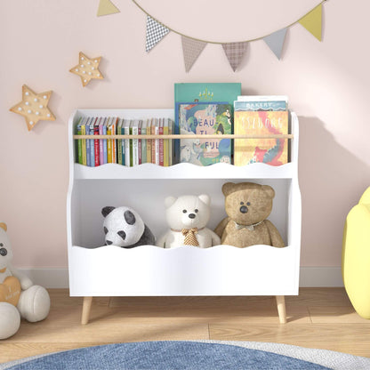 White children's bookshelf with books and stuffed animals against a light pink wall.