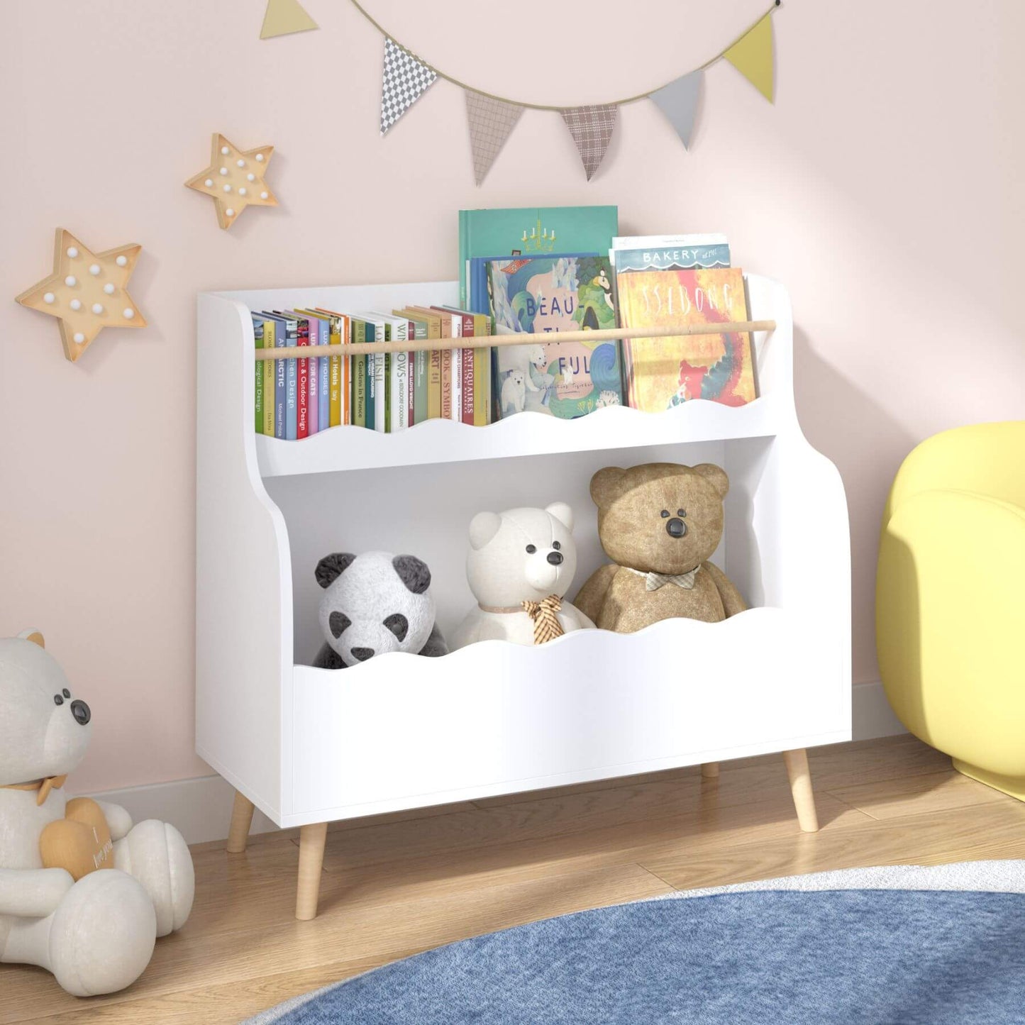White children's bookshelf with books and toys in a room with decorative elements.