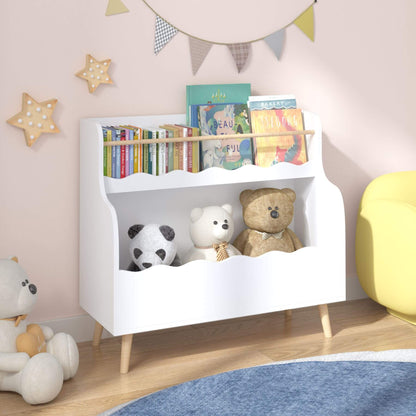 White children's bookshelf with books and toys in a room with decorative elements.