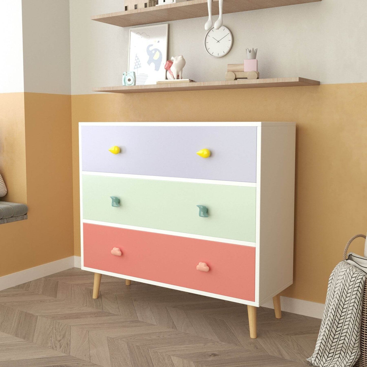 MOONRIVER Kids 3 Drawer Dresser in a room with a shelf and decor items.