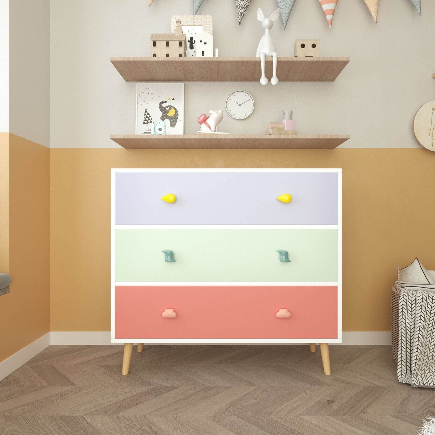 MOONRIVER Kids 3 Drawer Dresser in a room with shelves and decor.