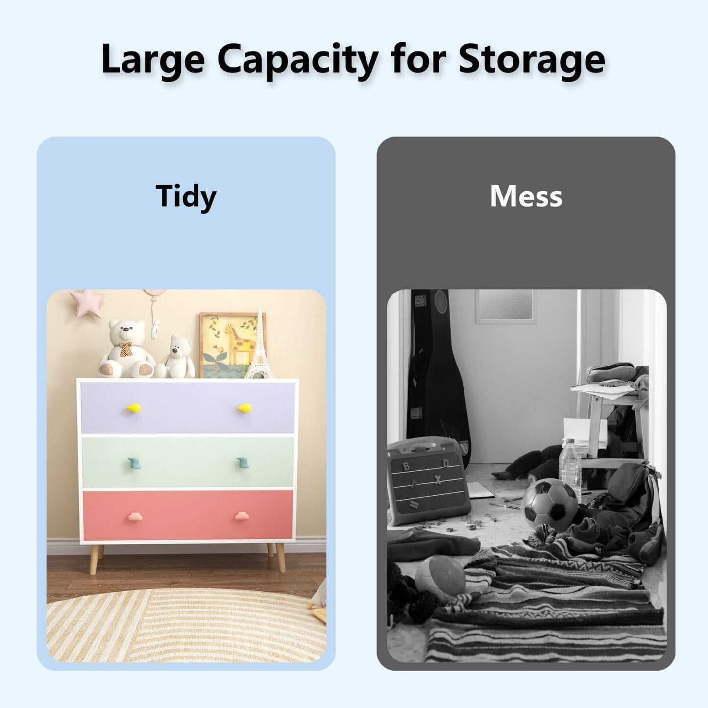 Comparison of a tidy room with a colorful dresser and a messy room with toys and furniture on the floor, labeled 'Tidy' and 'Mess'.