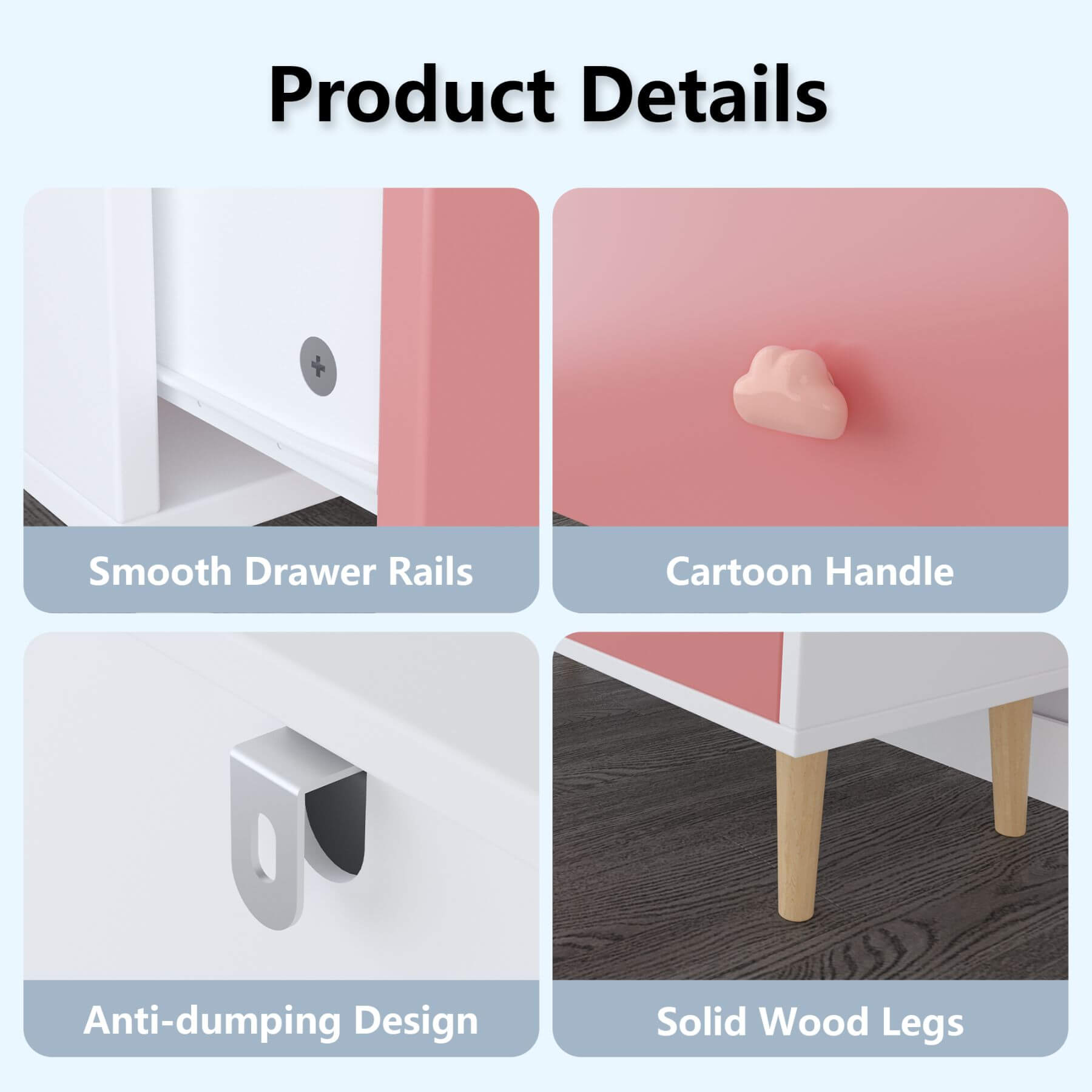Product details of MOONRIVER Kids 3 Drawer Dresser, cartoon handle, anti-dumping design, and solid wood legs.