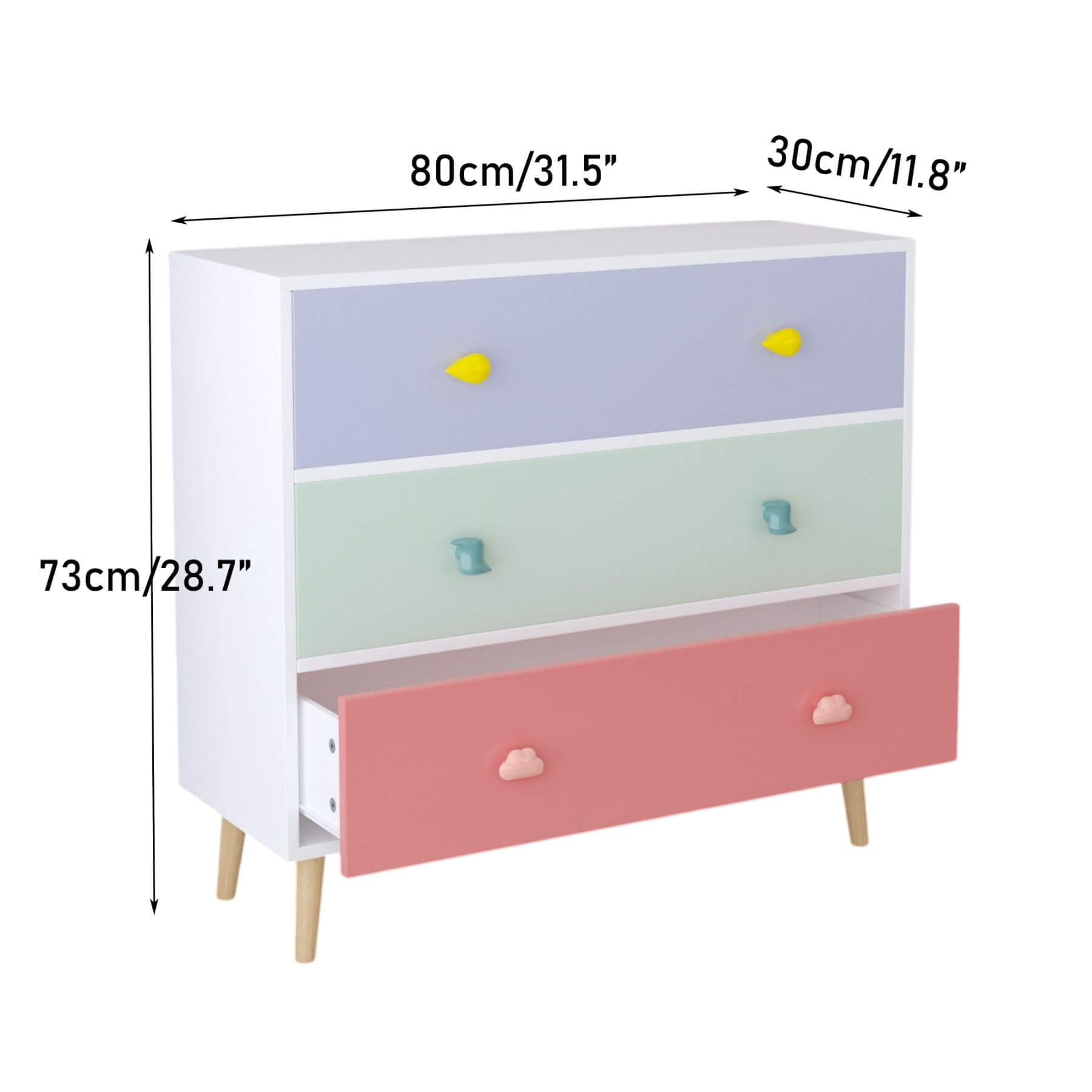 MOONRIVER Kids 3 Drawer Dresser with dimensions labeled on a white background