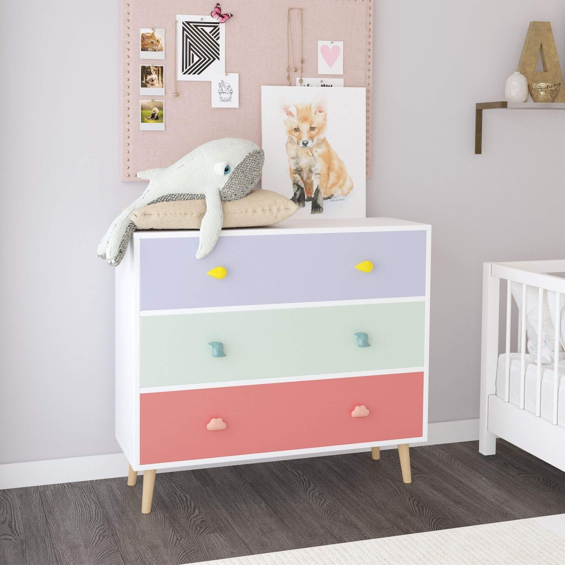 MOONRIVER Kids 3 Drawer Dresser with pastel drawers in a child's room