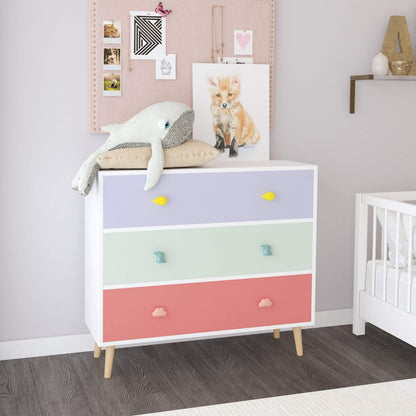 MOONRIVER Kids 3 Drawer Dresser with pastel drawers in a child's room