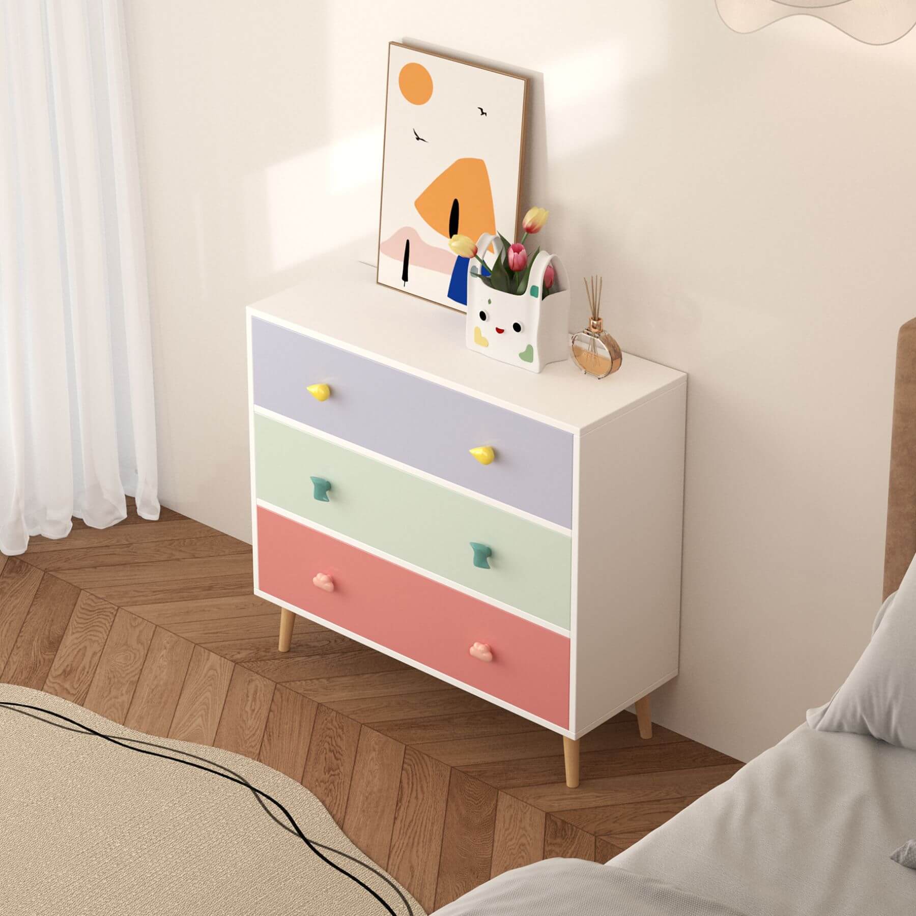 MOONRIVER Kids 3 Drawer Dresser in a bedroom setting