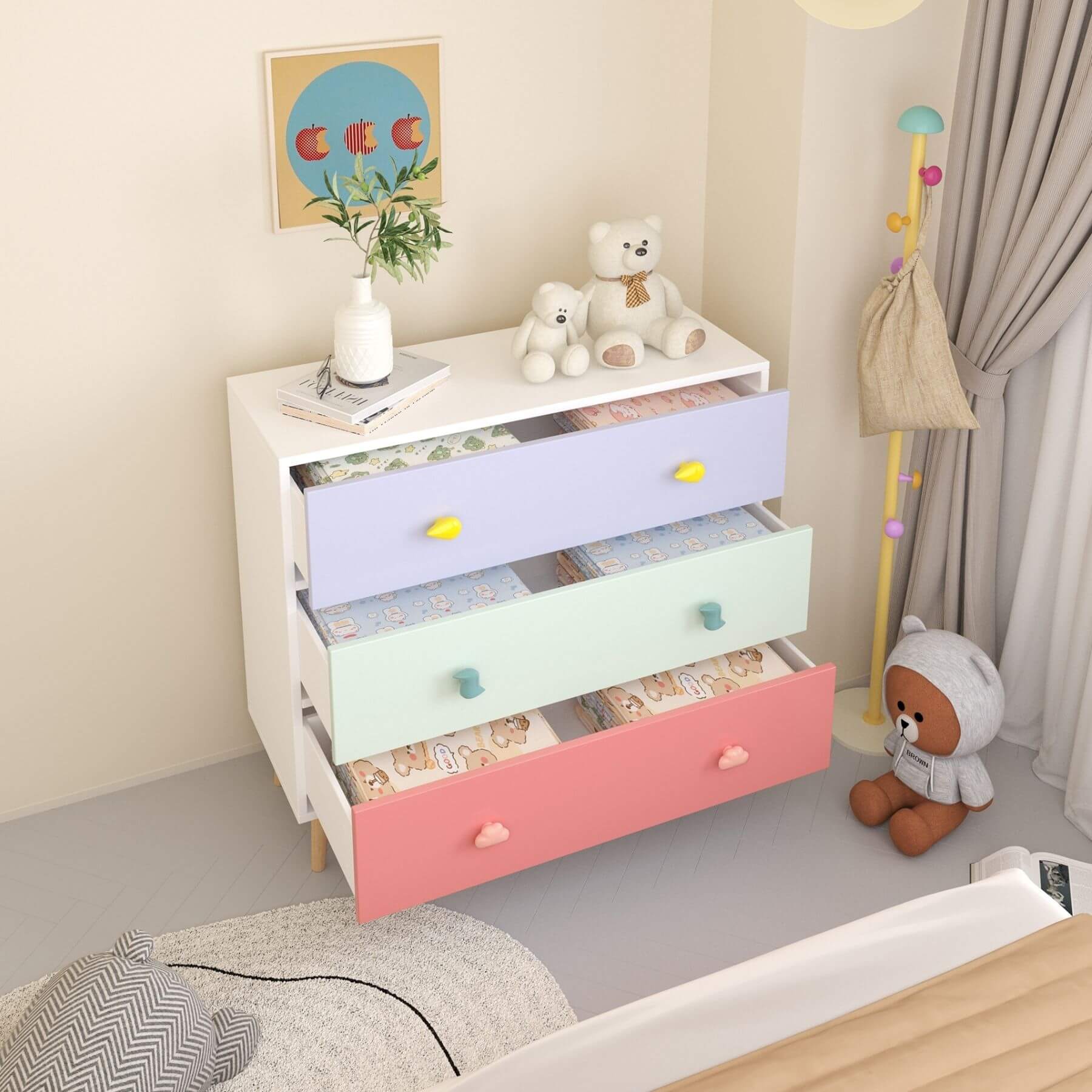 MOONRIVER Kids 3 Drawer Dresser in a bedroom setting.
