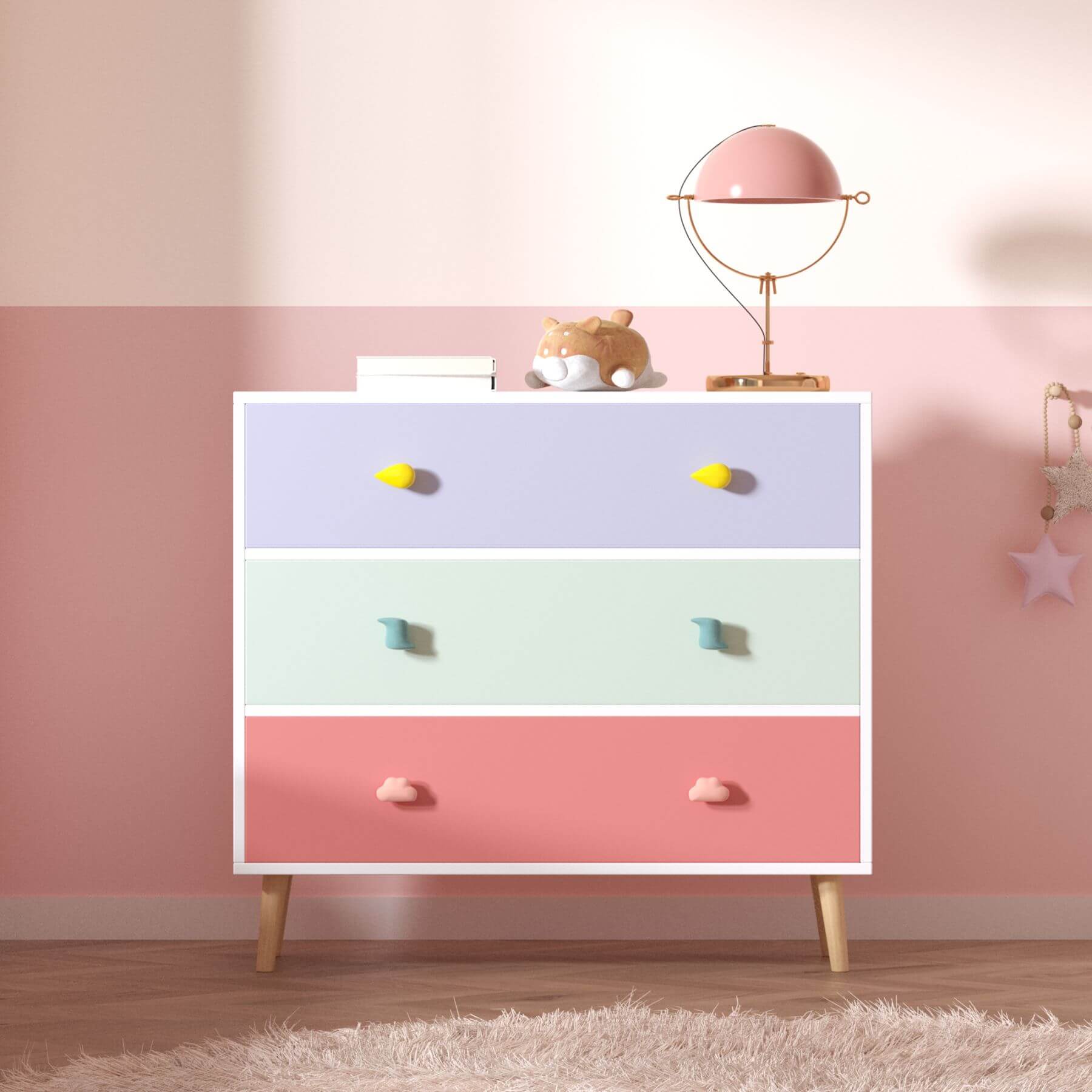MOONRIVER Kids 3 Drawer Dresser against a pink wall