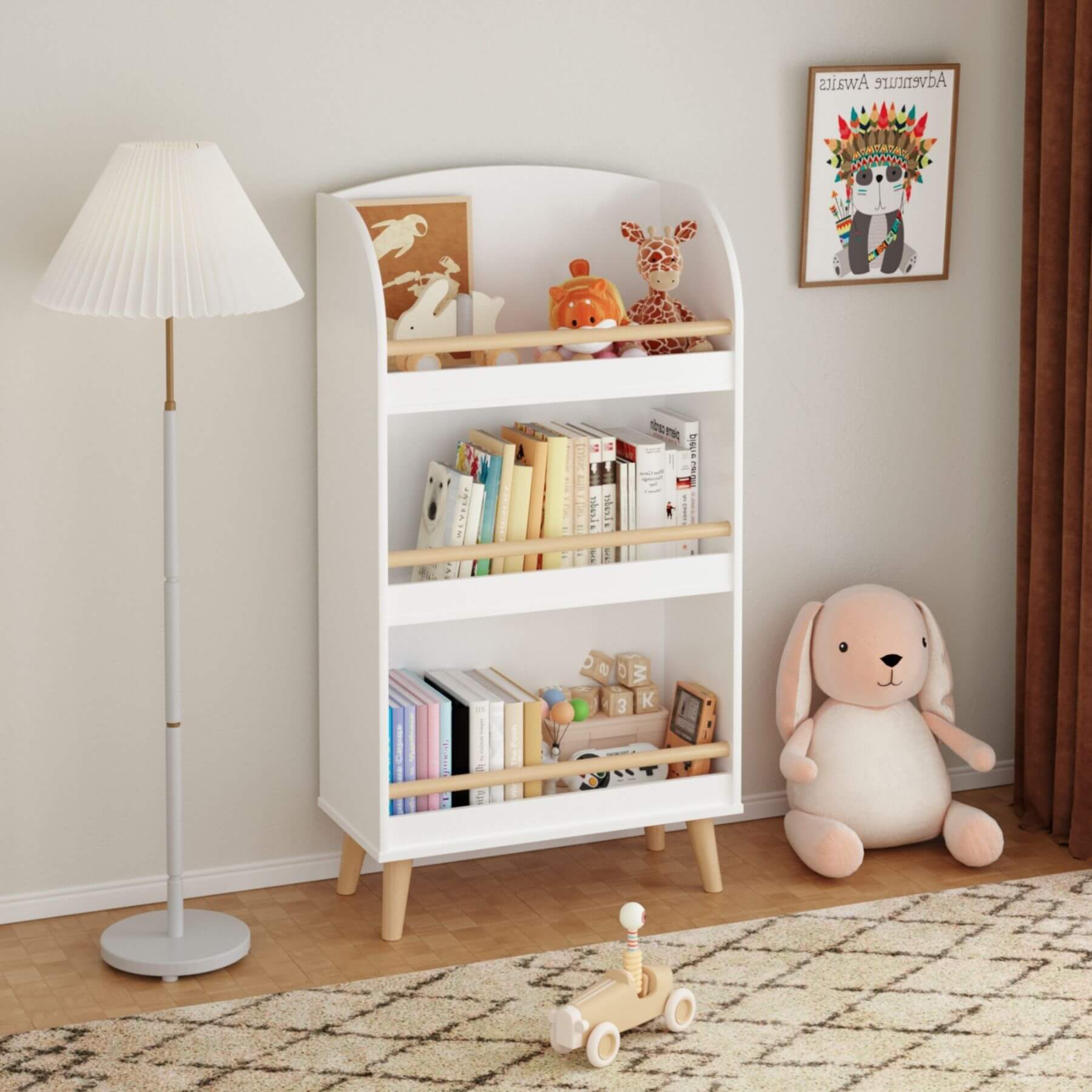MOONRIVER Kids Bookshelf 3-Tier White in a room with a lamp, toys, and a rug.