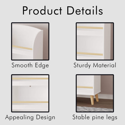 Product details of a piece of furniture with smooth edge, sturdy material, appealing design, and stable pine legs.