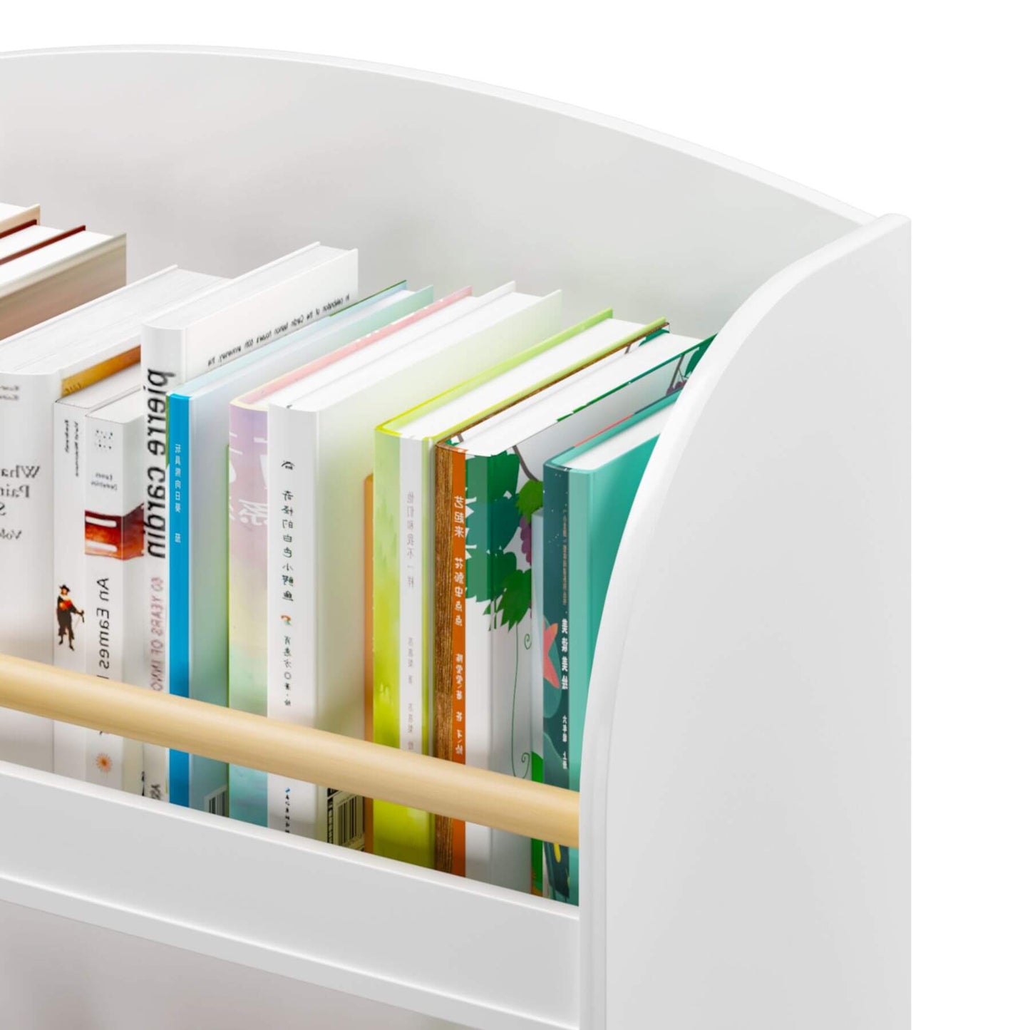 White bookshelf with books of various colors and a wooden rod inside