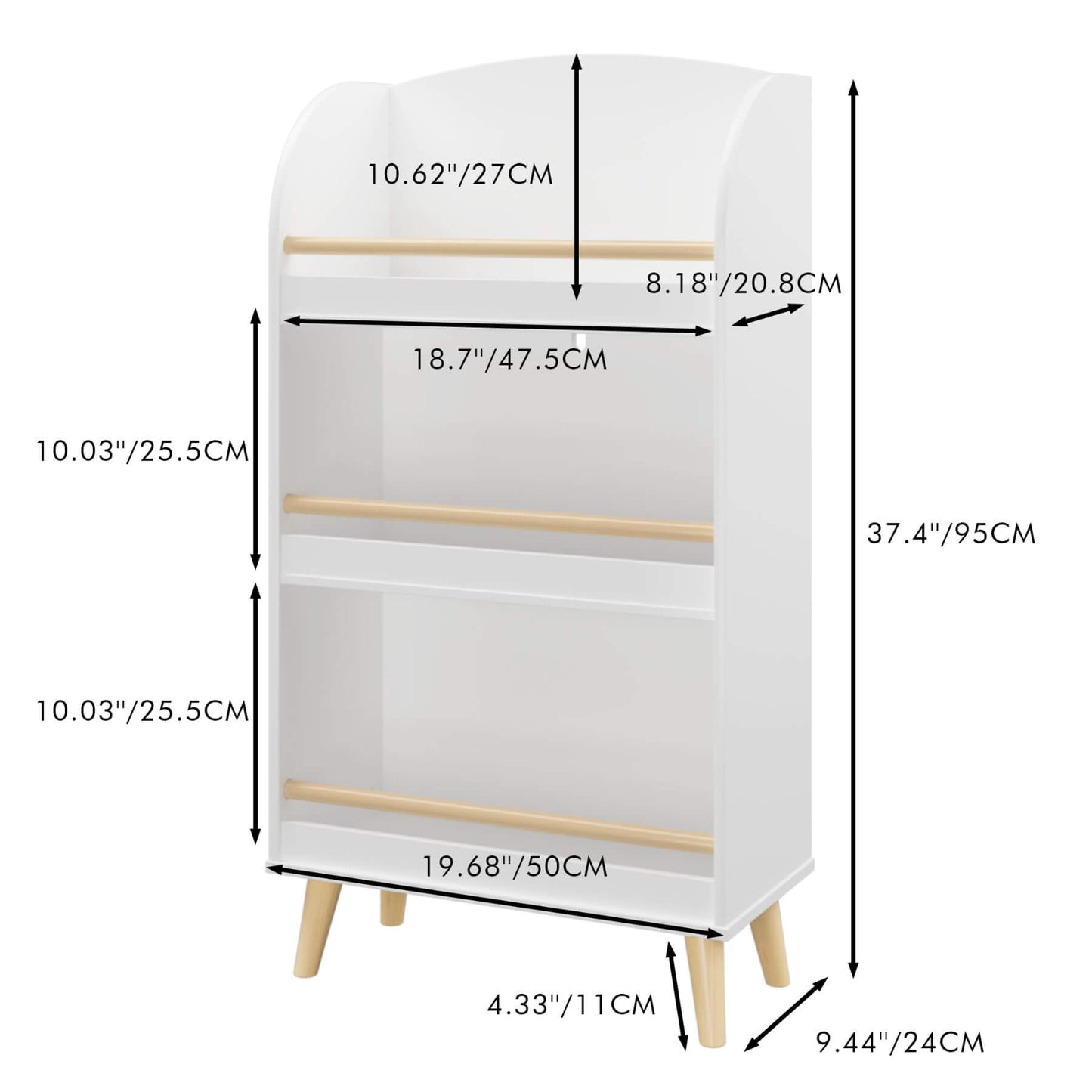 MOONRIVER Kids Bookshelf 3-Tier White with dimensions labeled on a white background