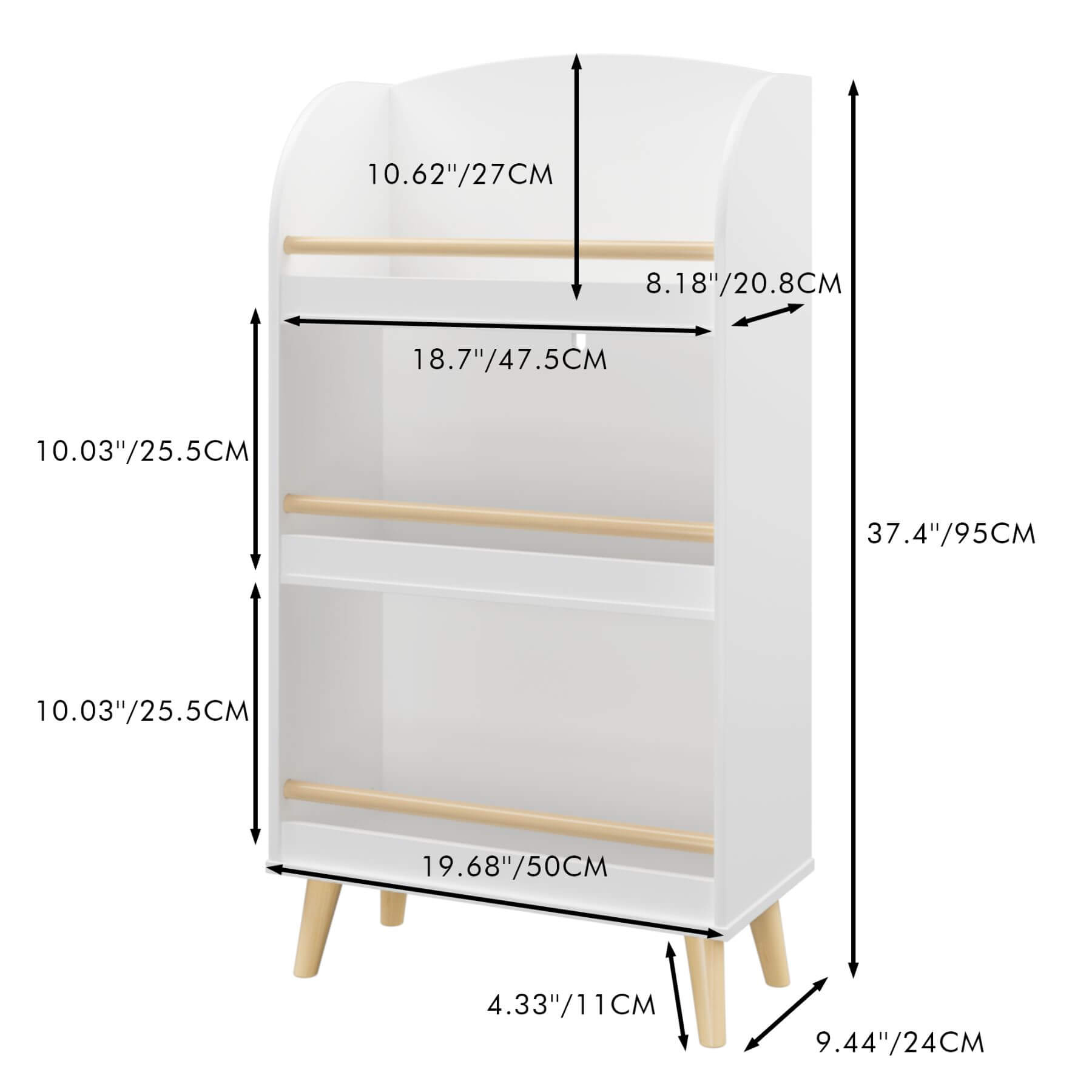 MOONRIVER Kids Bookshelf 3-Tier White with dimensions labeled on a white background