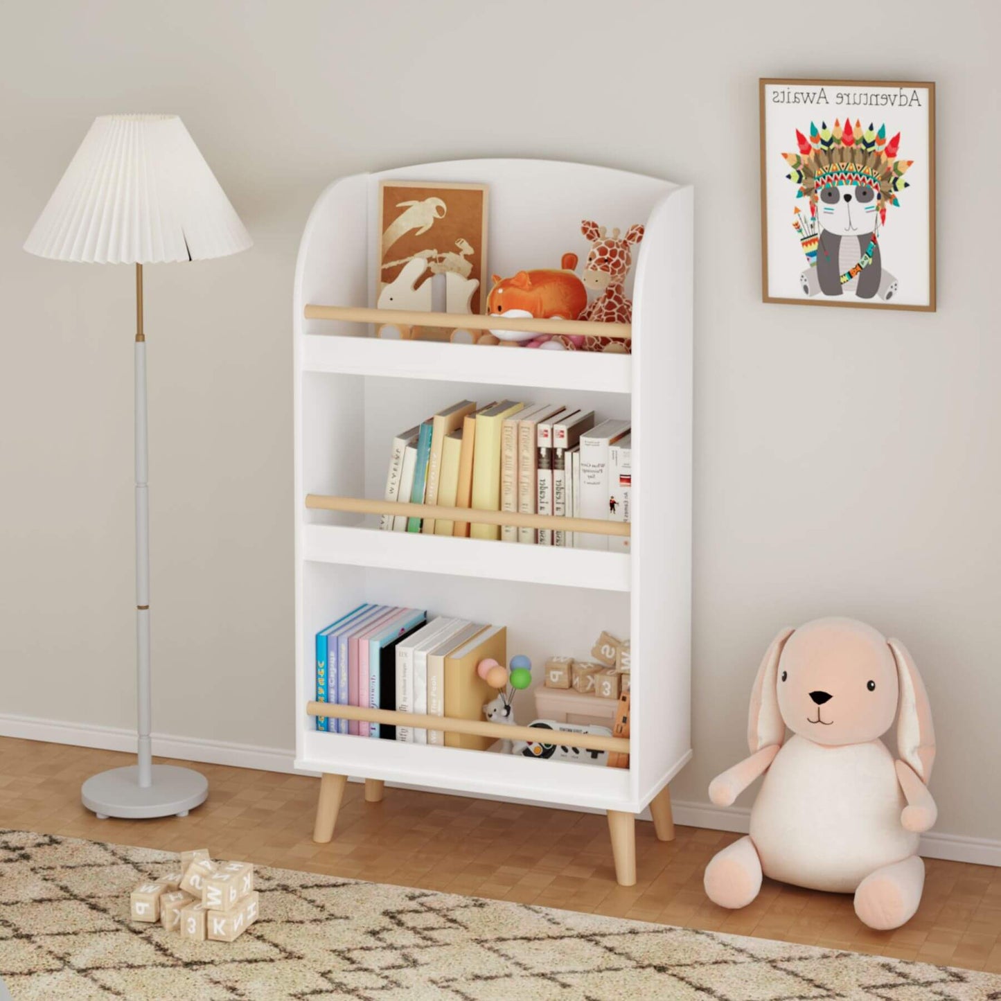 MOONRIVER Kids Bookshelf 3-Tier White with books and decor items in a room with a lamp and plush toy.