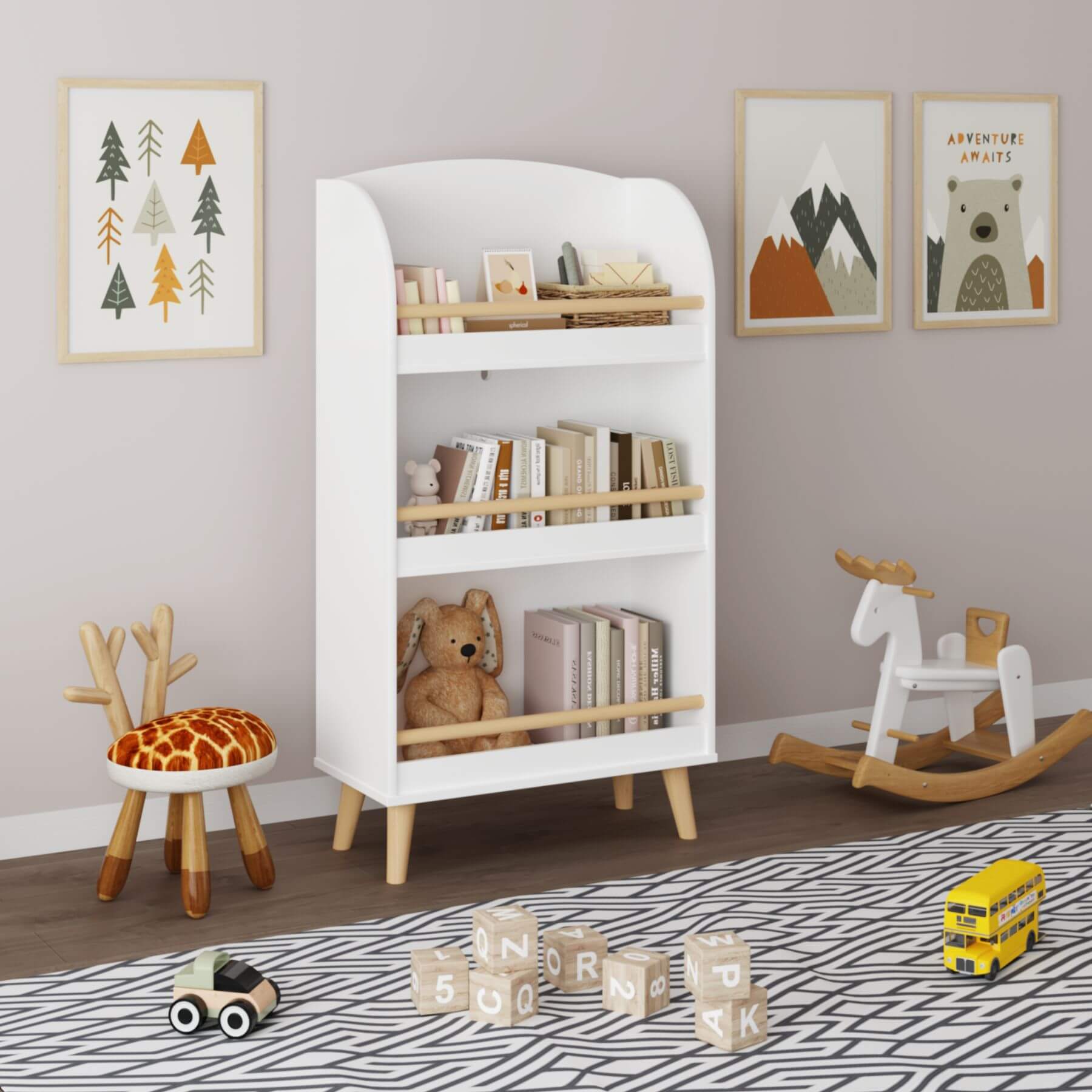 White bookshelf with wooden shelves in a child's room with toys and books.