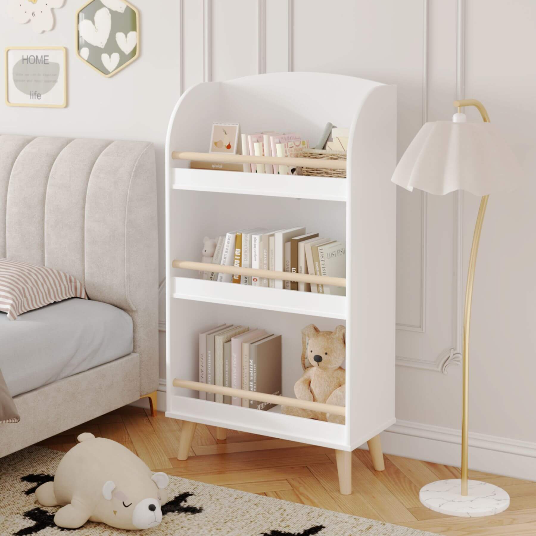 White bookshelf with books and a teddy bear in a bedroom setting.