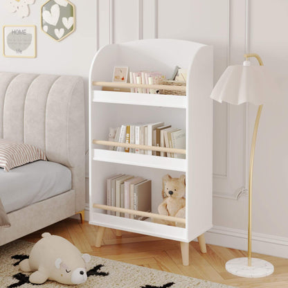 White bookshelf with books and a teddy bear in a bedroom setting.