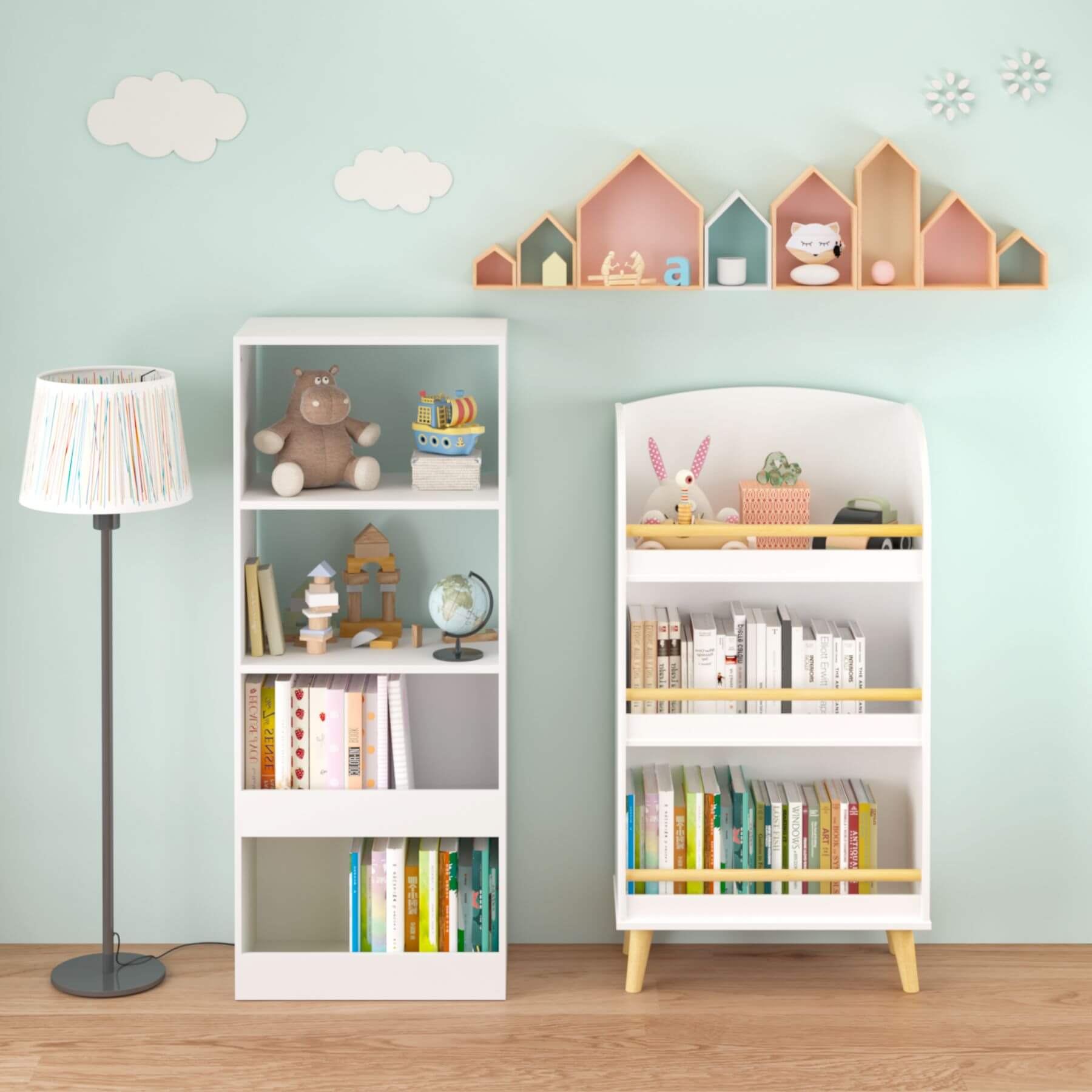 Children's bookshelves with toys and books against a light blue wall.