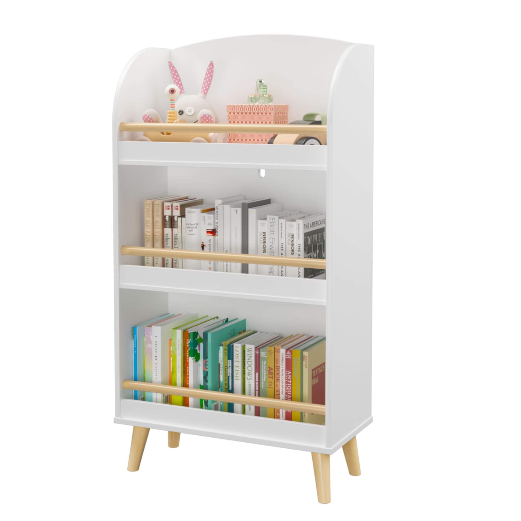 MOONRIVER Kids Bookshelf 3-Tier White and books on a white background
