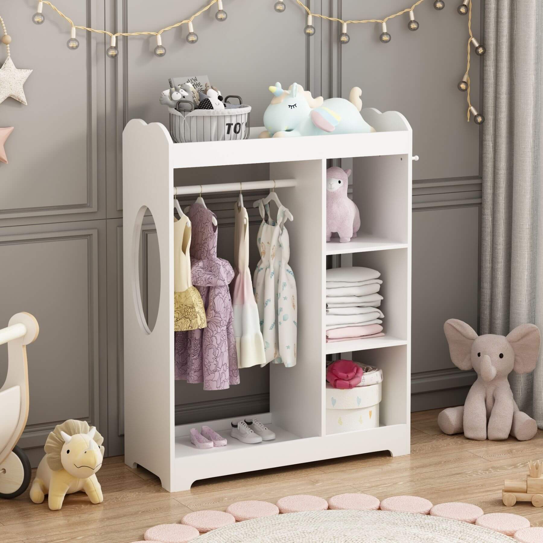 Children's wardrobe with clothes and toys in a nursery setting