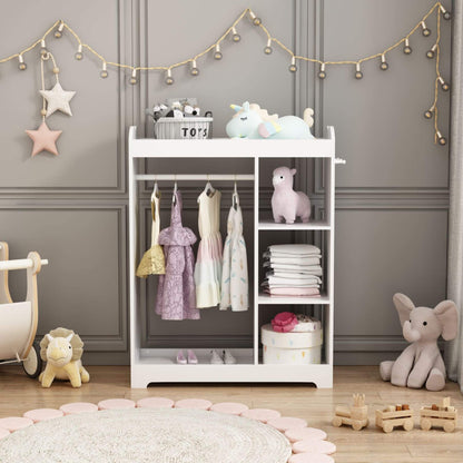 White children's storage unit with toys and clothes in a room with gray walls and decorative lights.