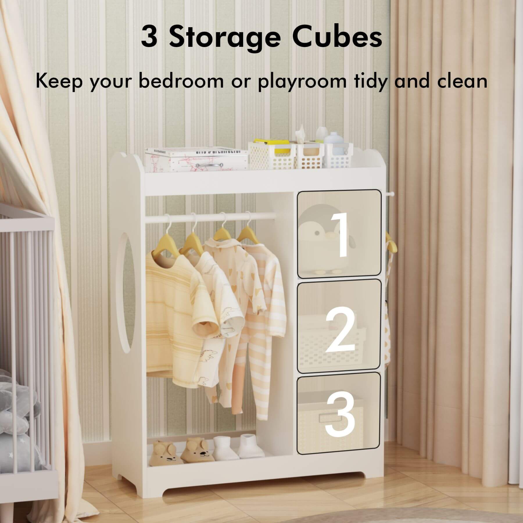 White storage cabinet with three transparent drawers labeled 1, 2, and 3, used for organizing clothes in a room.
