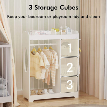 White storage cabinet with three transparent drawers labeled 1, 2, and 3, used for organizing clothes in a room.