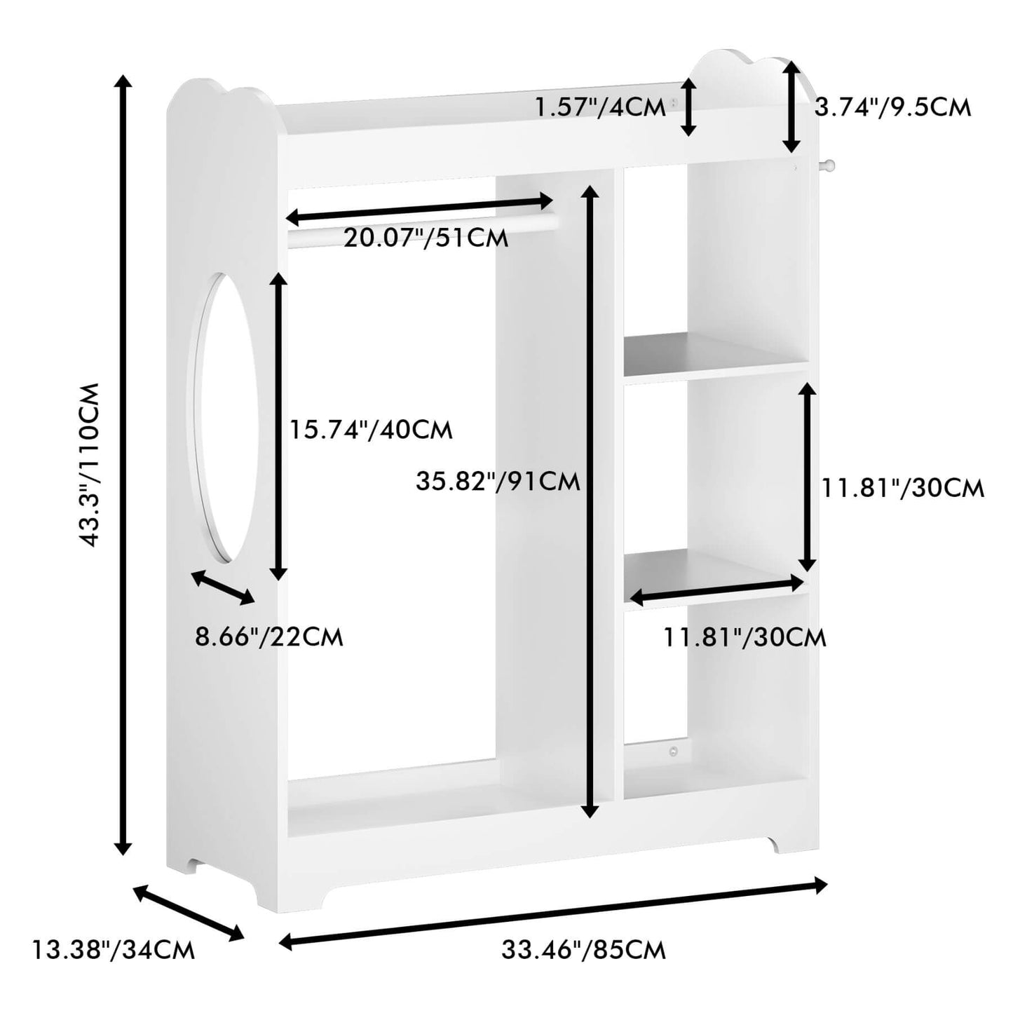 White bookshelf with dimensions labeled on a white background