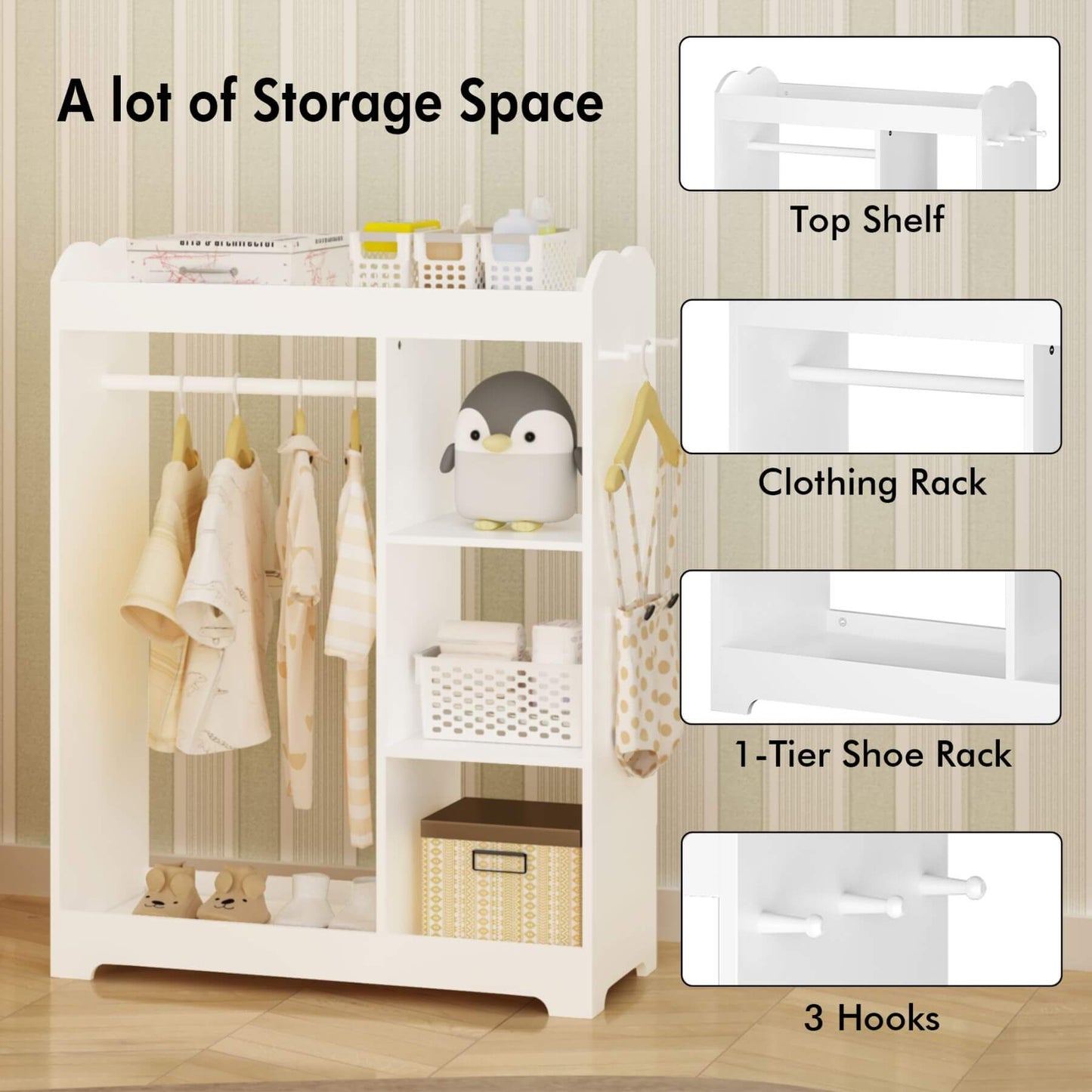 White storage unit with clothing, shoes, and a penguin figure on a wooden floor.
