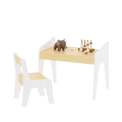 MOONRIVER Kids Table Set with One Chair - White+Natural