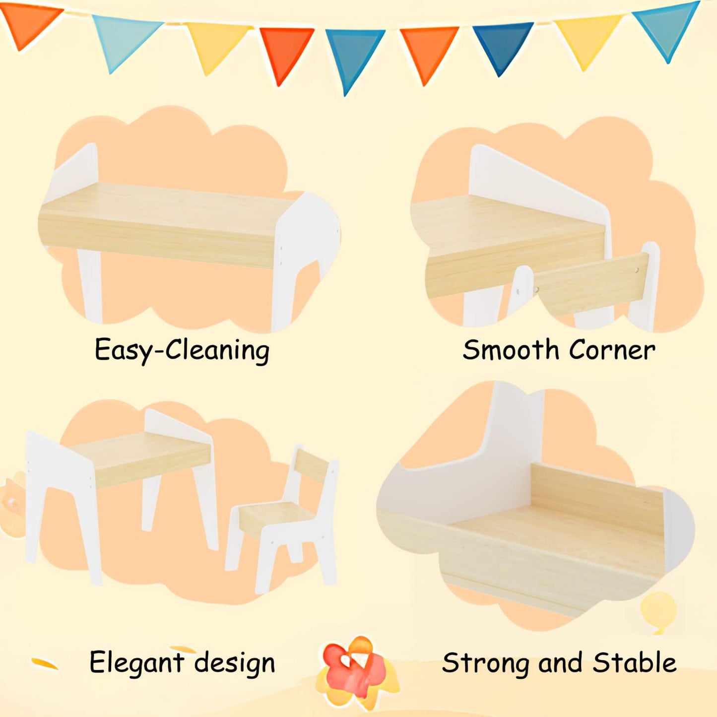 Children's furniture set with features labeled on a light yellow background