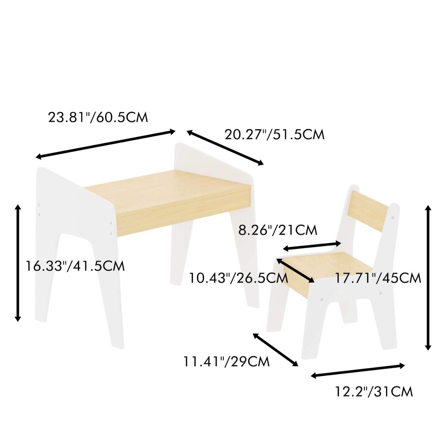 Children's table and chair set with dimensions labeled on a white background