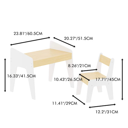 Children's table and chair set with dimensions labeled on a white background