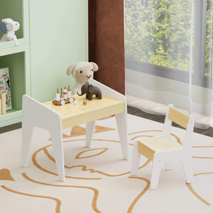Children's wooden table and chairs set in a room with a window and bookshelf.