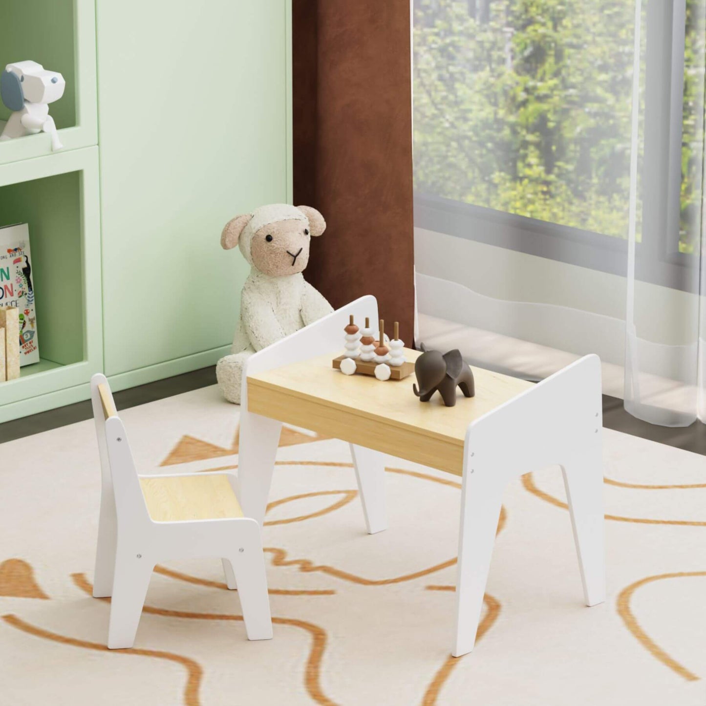 Children's table and chairs set with a plush toy in a room with a window and green cabinet.
