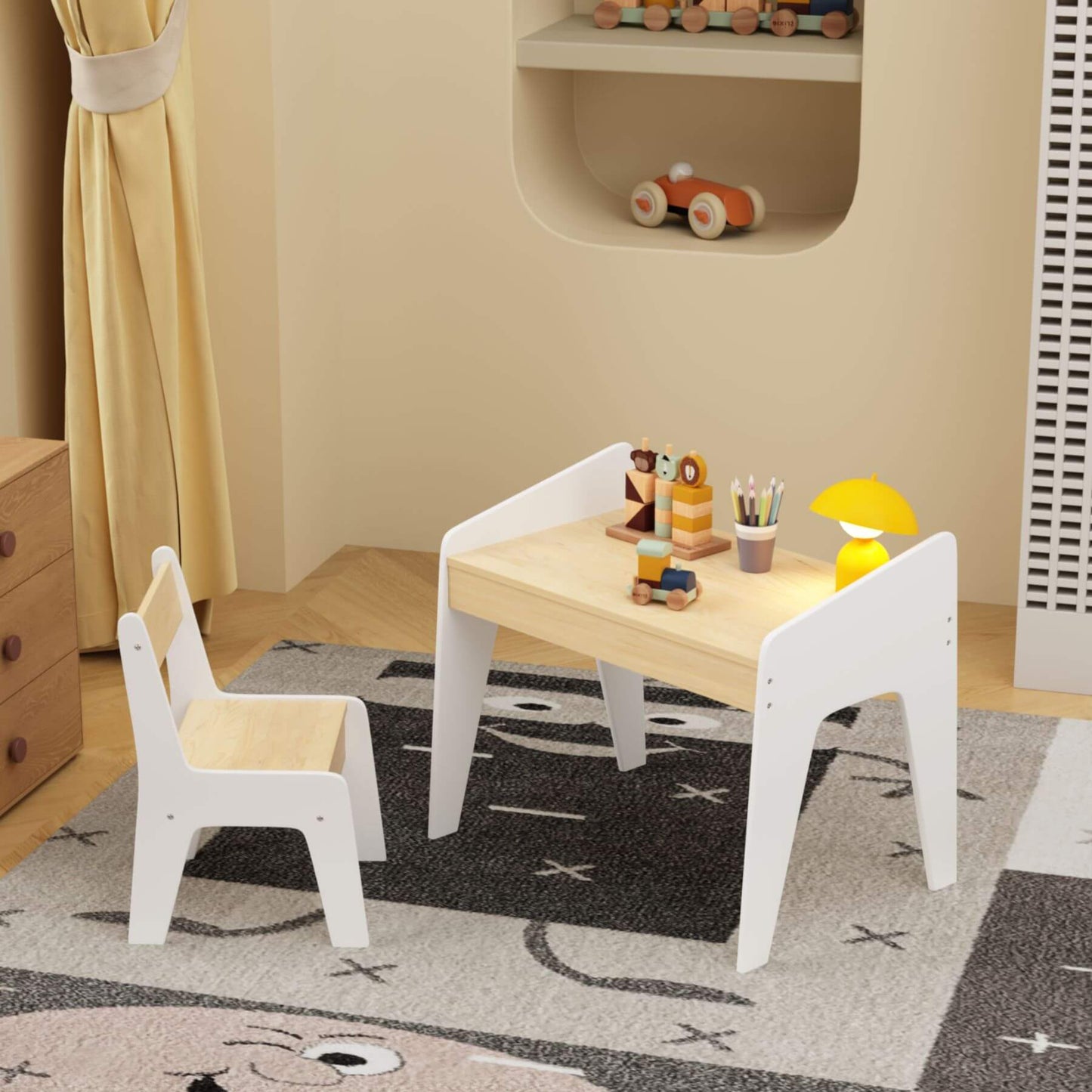 Children's table and chair set with toys in a room setting