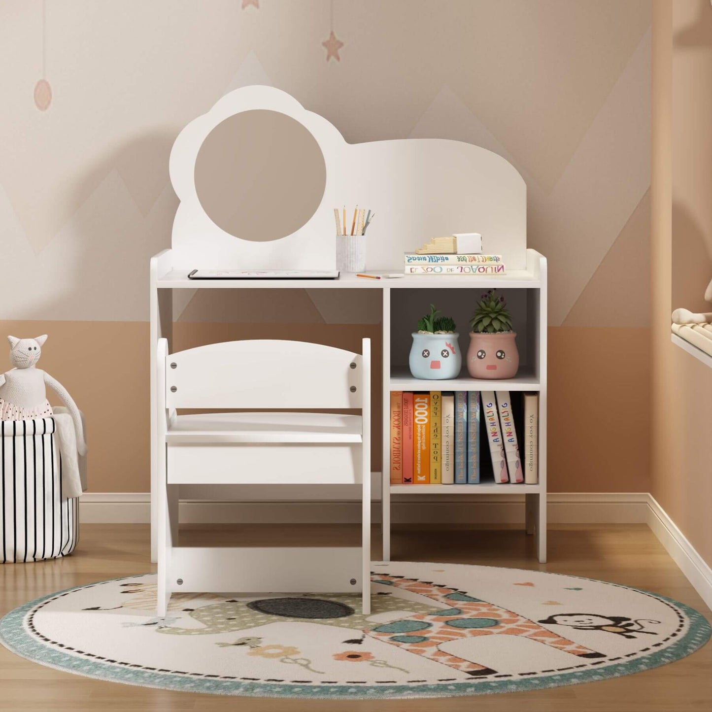 MOONRIVER Kids Vanity Table with Mirror and Chair - White in a room setting