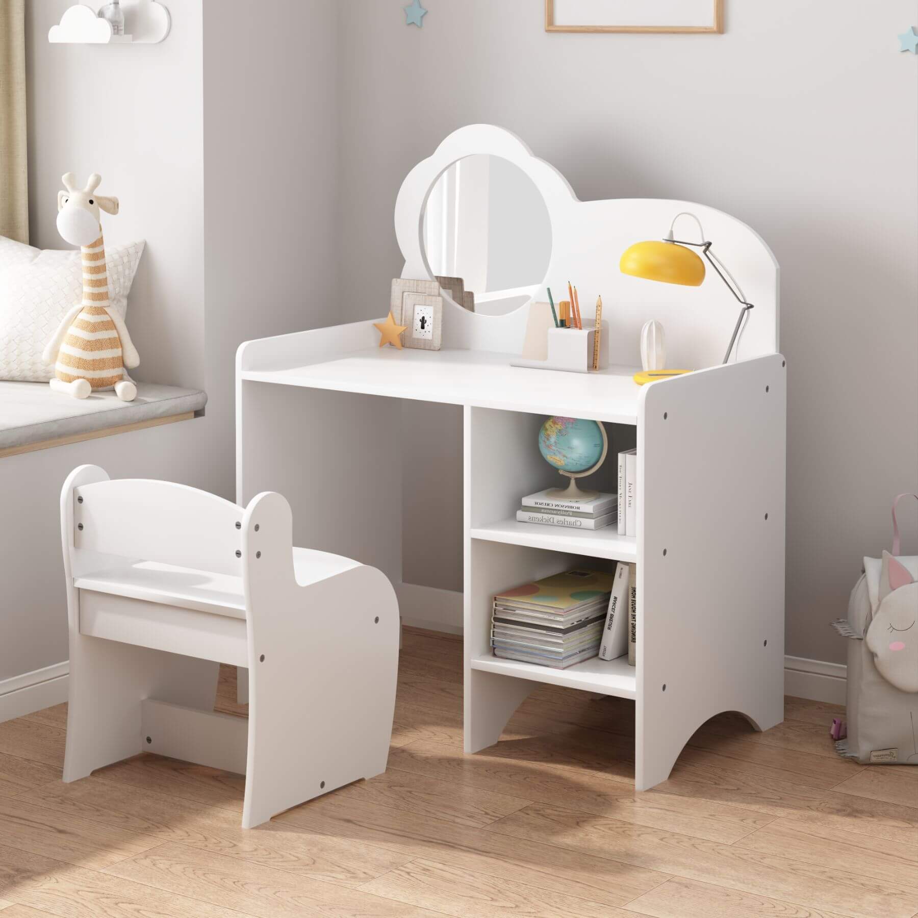 MOONRIVER Kids Vanity Table with Mirror and Chair - White and various items in a room setting