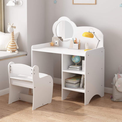 MOONRIVER Kids Vanity Table with Mirror and Chair - White and various items in a room setting