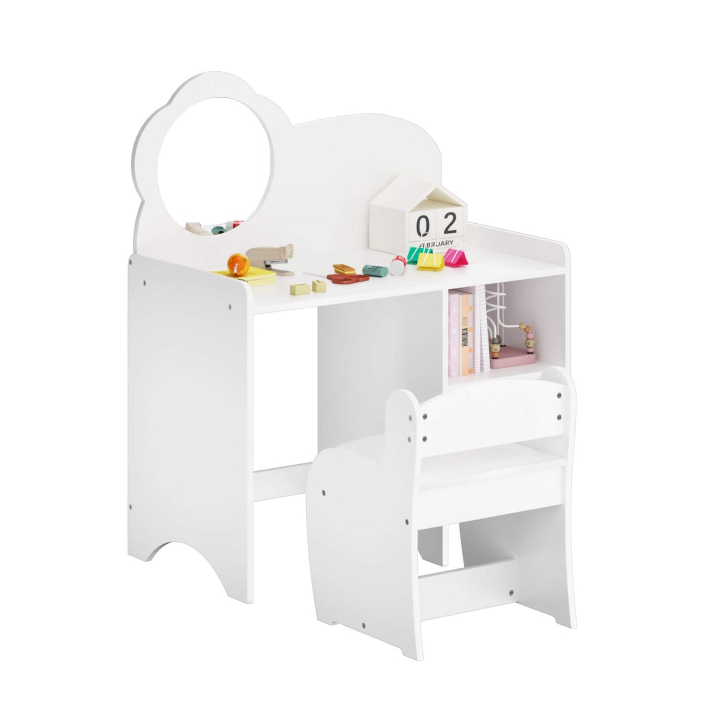 MOONRIVER Kids Vanity Table with Mirror and Chair - White