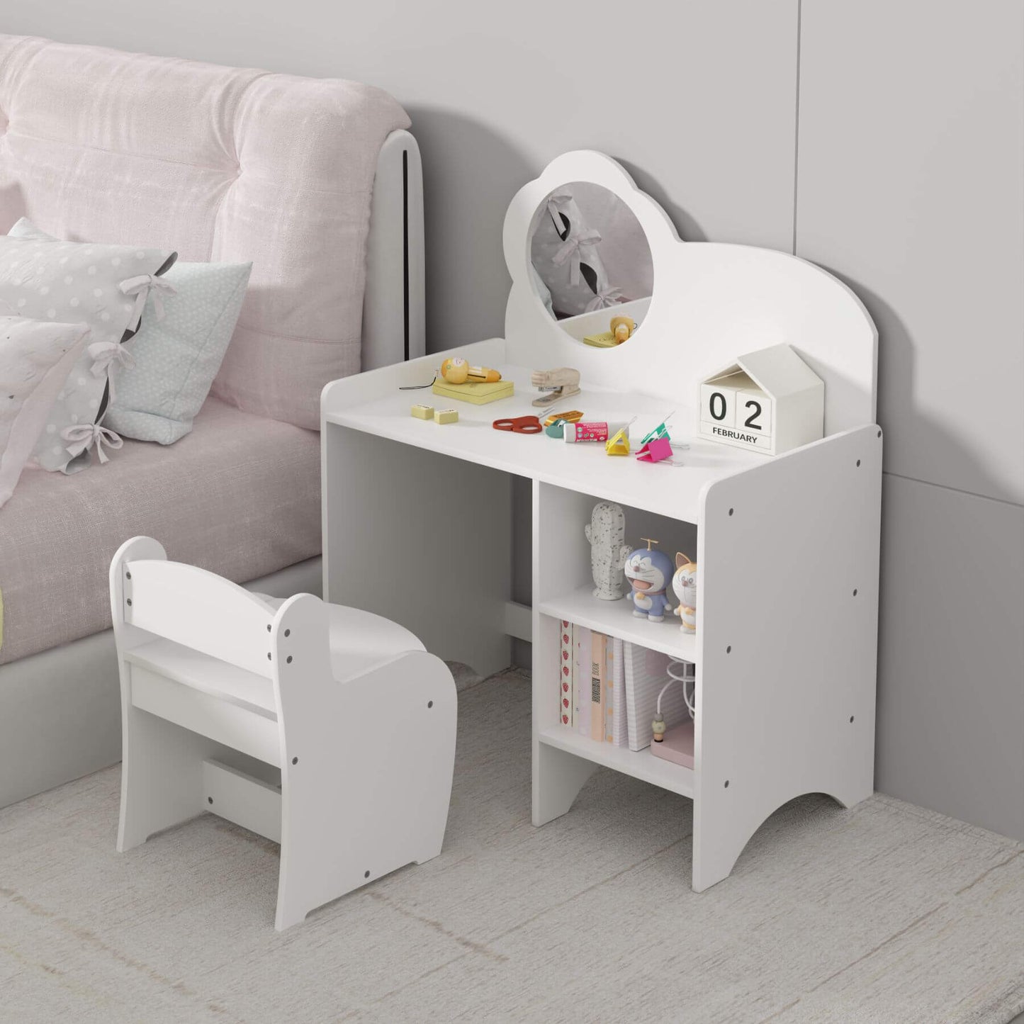 MOONRIVER Kids Vanity Table with Mirror and Chair - White in a room setting.