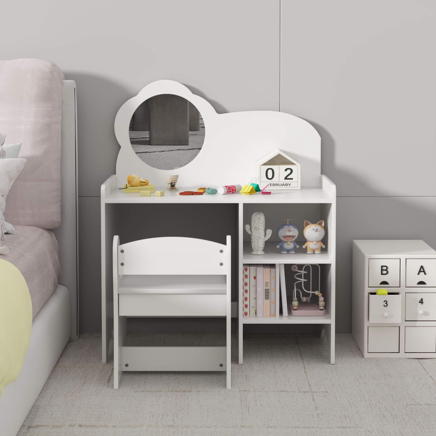 MOONRIVER Kids Vanity Table with Mirror and Chair - White in a bedroom setting.