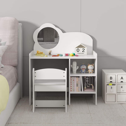MOONRIVER Kids Vanity Table with Mirror and Chair - White in a bedroom setting.