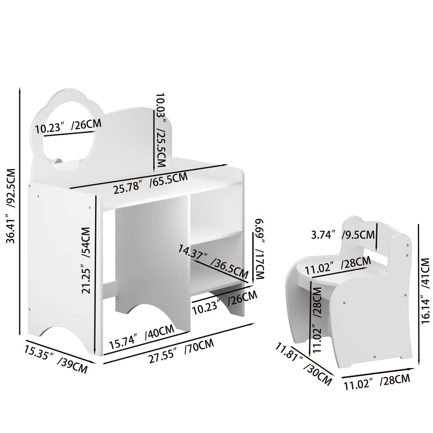 MOONRIVER Kids Vanity Table with Mirror and Chair - White with measurements in inches and centimeters.