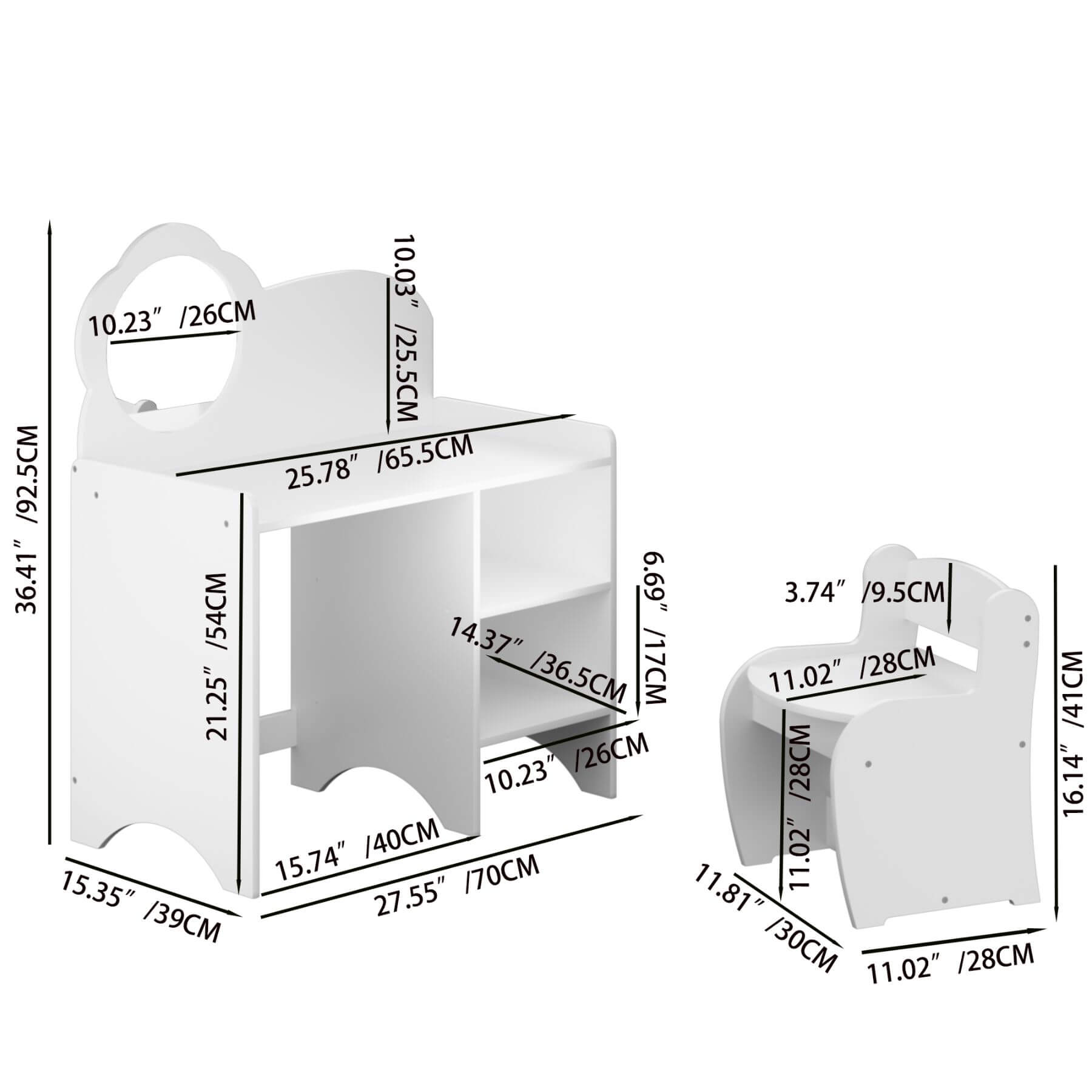 MOONRIVER Kids Vanity Table with Mirror and Chair - White with measurements in inches and centimeters.