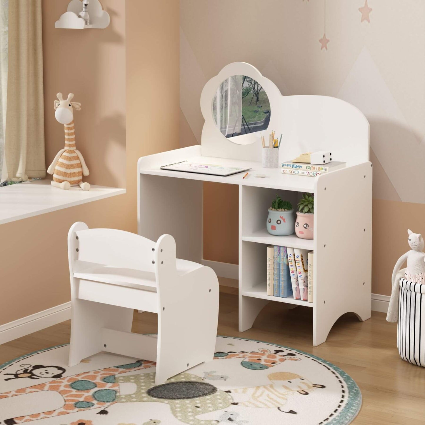 MOONRIVER Kids Vanity Table with Mirror and Chair - White and toys in a room setting