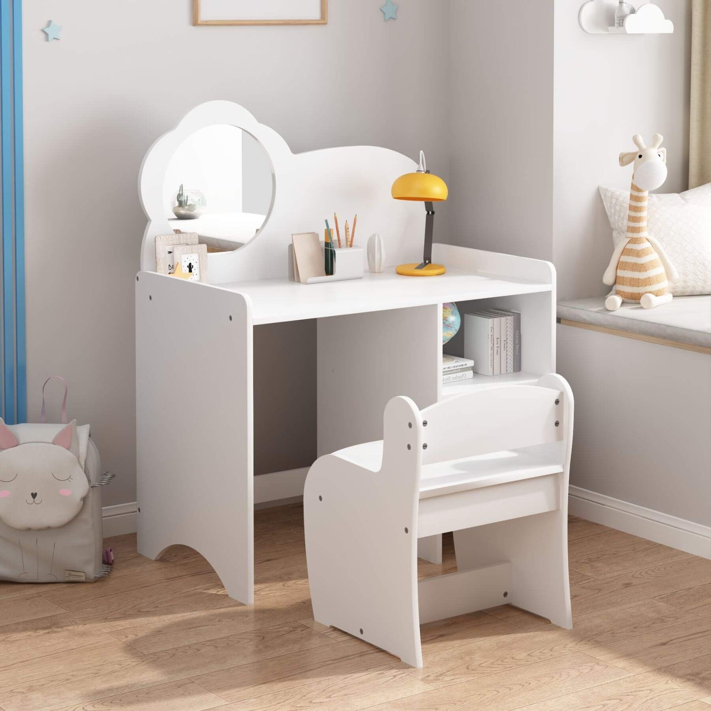 MOONRIVER Kids Vanity Table with Mirror and Chair - White in a room setting